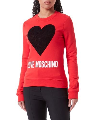 Love Moschino Slim fit Roundneck Long-Sleeved Maxi Heart with Embroidered Flock Sequins and Logo Water Print Sweatshirt - Rot