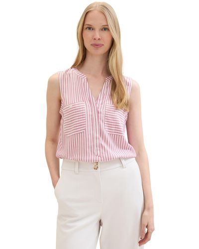 Tom Tailor Basic Blusen-Top mit Streifen und Brusttaschen - Pink