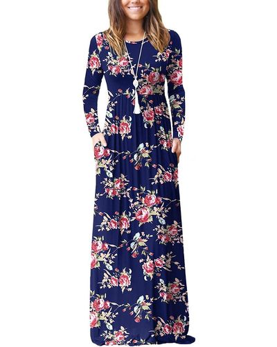 FIND Long Sleeve Loose Plain Maxi Dresses Casual Long Dresses With - Blue
