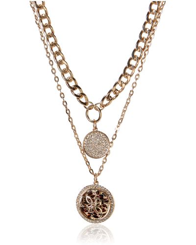 Guess Gold-tone Double Layer Coin Pendant Chain Necklace Set - Metallic