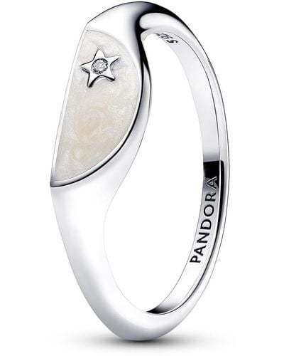 PANDORA Me Halved Signet Sterling Silver Ring With Clear Cubic Zirconia And Shimmering White Enamel - Metallic