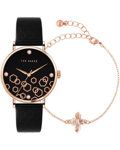 Ted Baker Ted Baler Phylipa Beehive Black Leather Strap Watch & Rose Gold Bumble Bee Bracelet Boxset