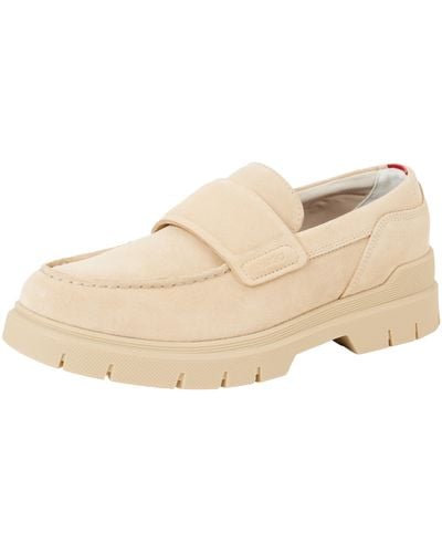 HUGO S Ryan Mocc Suede Moccasins With Chunky Split-logo Sole Size 5 Light Beige - Natural