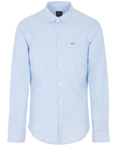 Emporio Armani A | X Armani Exchange Slim Fit Yard Dyed Cotton Dot Pattern Long Sleeve Woven Shirt - Blue