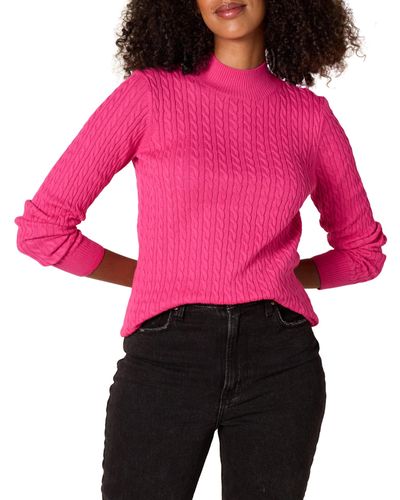 Amazon Essentials Leichter Langarm-Pullover mit Stehkragen und Zopfmuster in klassischer Passform - Pink