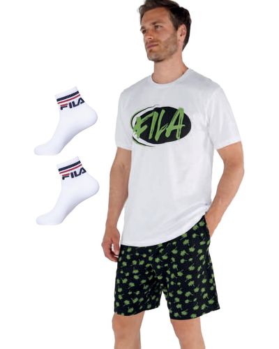 Fila Completo Sportivo Uomo Cotone T-Shirt + Pantaloncino + Calzini in Omaggio Pigiama Corto Uomo Cotone Leggero Set Relax - Verde