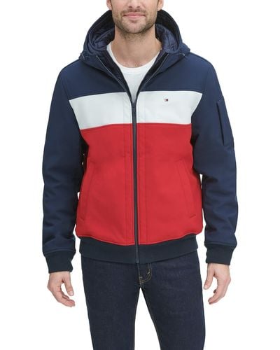 Tommy Hilfiger Mens Soft Shell Fashion Bomber With Contrast Bib And Hood Windbreaker - Red