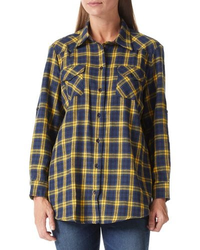 FIND Casual Rolled Up Long Sleeve Plaid Shirts Button Down Blouse Tops - Yellow