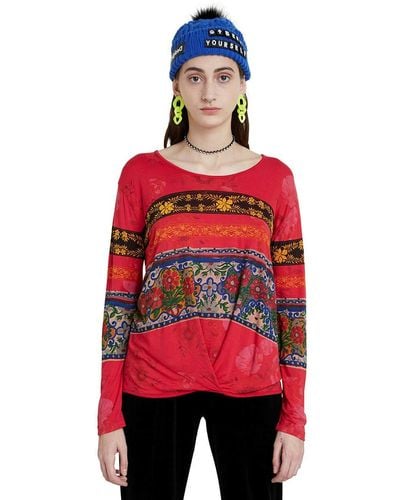 Desigual Yess Long Sleeved Flattering Draped Floral T-shirt 20wwtk34 Red Xs