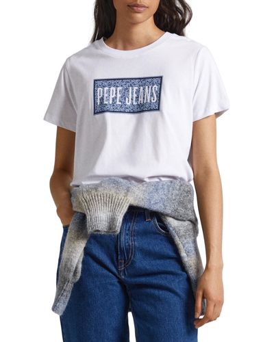 Pepe Jeans Cat, Maglietta Donna, Bianco - Blu