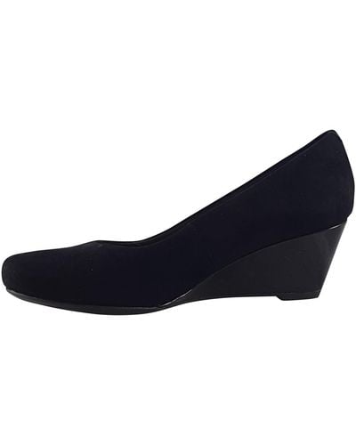 Clarks Flores Tulip D Fit Black Suede Wedge Shoes - Blue