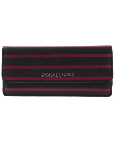 Michael Kors Jet Set Trvl Strip Flat Saffiano Leather Wallet In Blk/deep Pink - Black