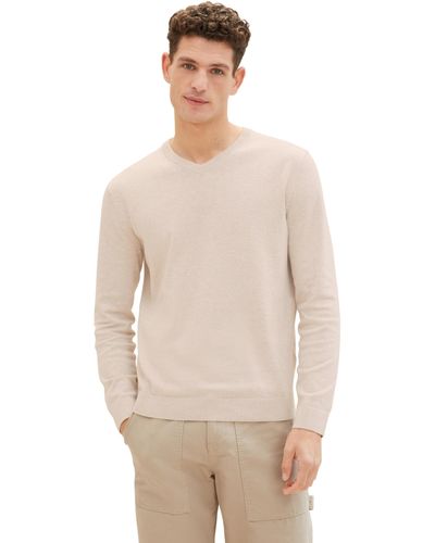 Tom Tailor Basic Pullover mit V-Ausschnitt aus Baumwolle - Natur