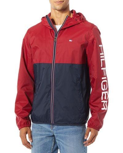 Tommy Hilfiger Lightweight Active Water Resistant Hooded Rain Jacket - Red
