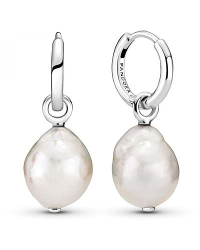 PANDORA Sterling Silver Hoop Earrings With Baroque White Freshwater Cultured Pearl