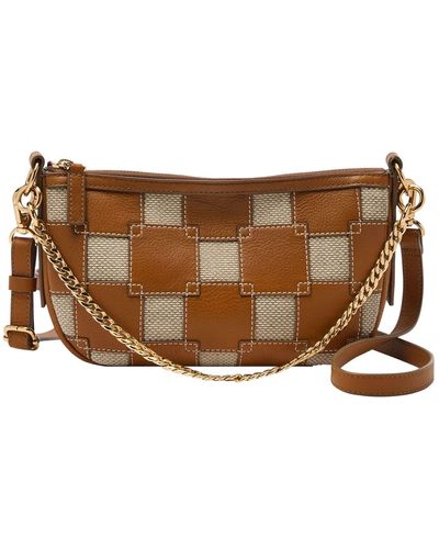 Fossil Jolie Leather & Fabric Small Shoulder Bag Purse Handbag - Brown