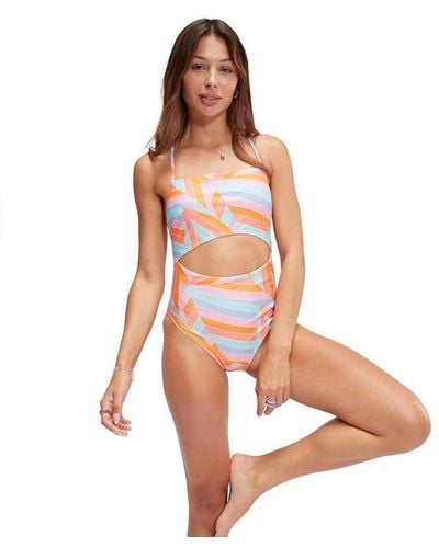 Speedo S New On Trend Printed Swimming Costume Funny Pink Pumpkin Spice Curious Blue Cupid Coral - Orange