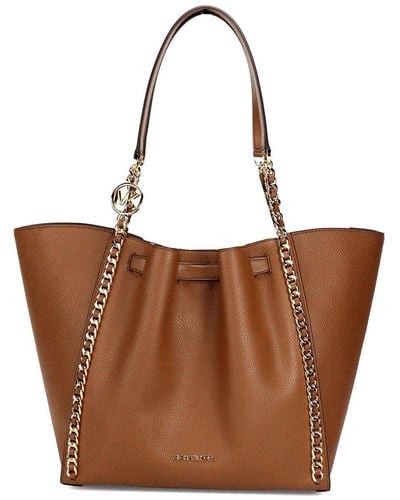 Michael Kors Mina Large Luggage Leather Belted Chain Inlay Tote Bag - Brown