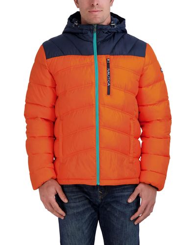 Nautica Water Resistant Jacket Long Sleeve Zip Up Adjustable Hood Quilted Coat - Orange