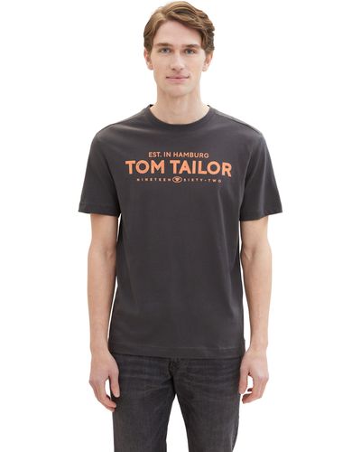 Tom Tailor Basic Crewneck T-Shrt mit Logo-Print aus Baumwolle - Grau