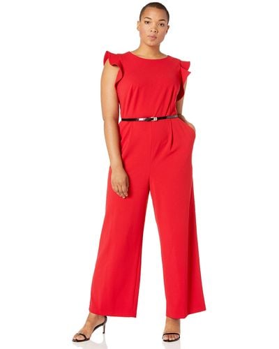 Calvin Klein Belted Ruffle-sleeve Jumpsuit, Regular & Petite Sizes - Red
