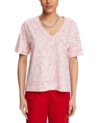 Esprit Baumwoll-T-Shirt mit V-Ausschnitt und Print - Rot