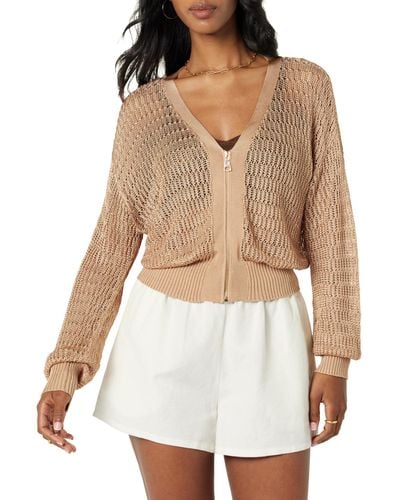 The Drop 's Long Sleeve Crocheted Zip Front Cardigan - Natural