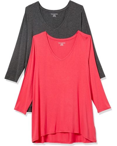 Amazon Essentials Camiseta de ga 3/4 con Cuello en Pico - Rojo