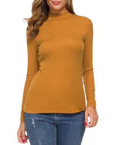 FIND Slim Fit Mock Turtleneck Tops Long Sleeve Stretch Pullover Plain T Shirts - Orange