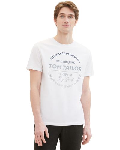 Tom Tailor Basic Crewneck T-Shrt mit Logo-Print aus Baumwolle - Weiß