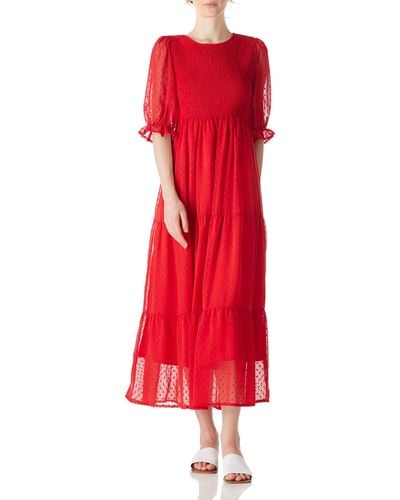 FIND Summer Casual Swiss Dot Puff Sleeve Smocked Maxi Dresses - Red