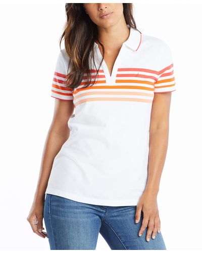 Nautica Womens Classic Fit Striped V-neck Collar Stretch Cotton Polo Shirt - White