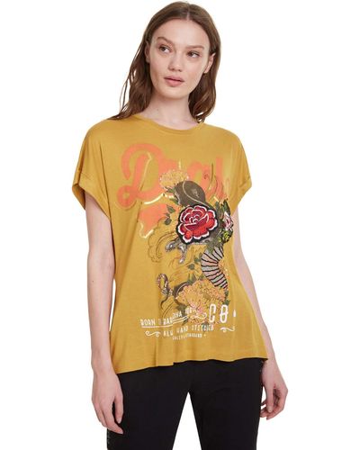 Desigual Mustard Ella Tshirt With Snake & Rose Design Xxl - Multicolour