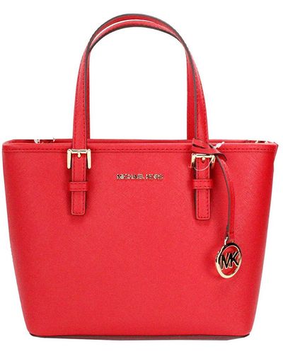 Michael Kors Jet Set Bright Leather Xs Carryall Top Zip Tote Bag Purse - Red