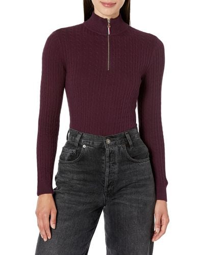 Tommy Hilfiger 1/4 Zip Mockneck Solid Cotton Sweater - Purple