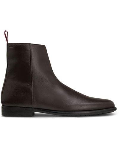 HUGO Grained-leather Ankle Boots With Embossed Logo - Brown