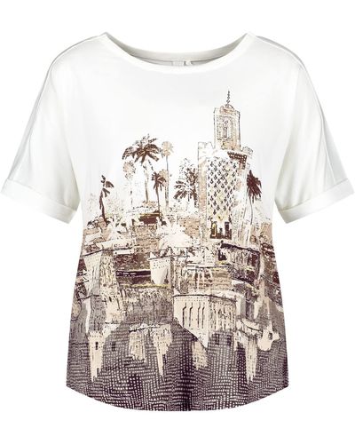 Gerry Weber Shirt mit tropischem Print EcoVero halber Arm T-Shirt 1/2 Arm Halbarmshirt Frontprint Ecru/Weiss/Braun Druck 46 - Weiß