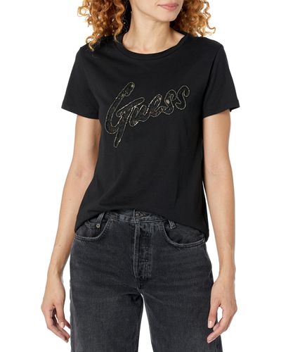 Guess Short Sleeve Lace Logo Easy Tee - Black