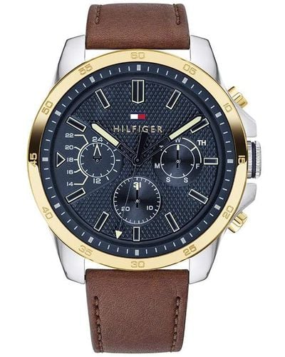 Tommy Hilfiger Quartz Stainless Steel And Leather Strap Casual Watch - Brown