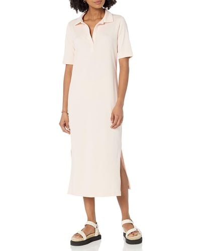 Amazon Essentials Robe Polo mi-Longue à ches Courtes en Jersey de Coton Biologique - Blanc