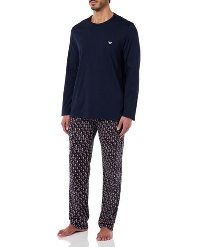 Emporio Armani Pattern Mix Pajama Long Sleeve Pants Pajama Set - Blue