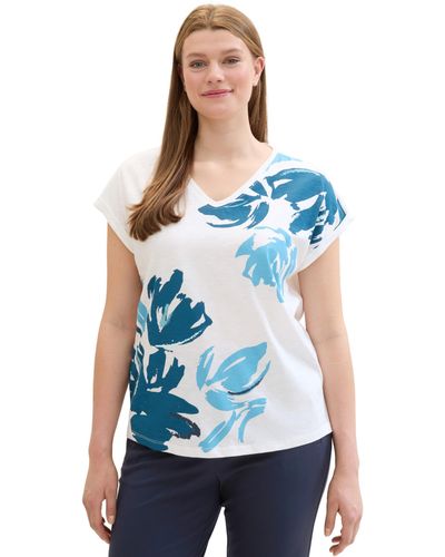 Tom Tailor Plussize Basic T-Shirt mit Blumenmuster - Blau