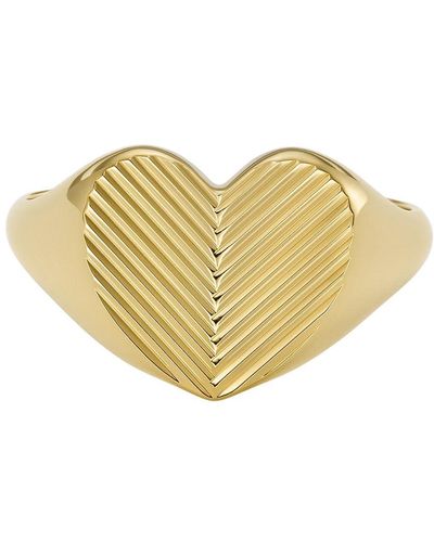 Fossil Anello con sigillo Harlow Linear Texture Heart da donna in acciaio color oro - Giallo