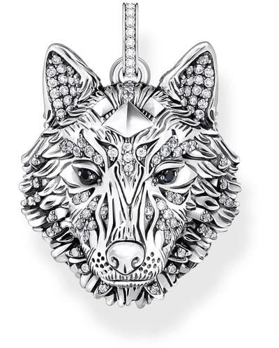 Thomas Sabo Pe965-691-21 Wolf Face Pendant With Stones Blackened Silver