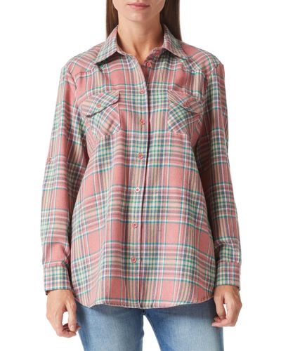 FIND Casual Rolled Up Long Sleeve Plaid Shirts Button Down Blouse Tops - Red