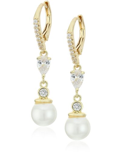 Anne Klein "precious Pieces" Gold-tone Pearl And Cubic Zirconia Linear Post Drop Earrings - Metallic
