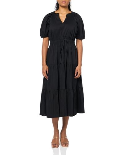 Anne Klein Tiered Puff Sleeve Midi Dress - Black