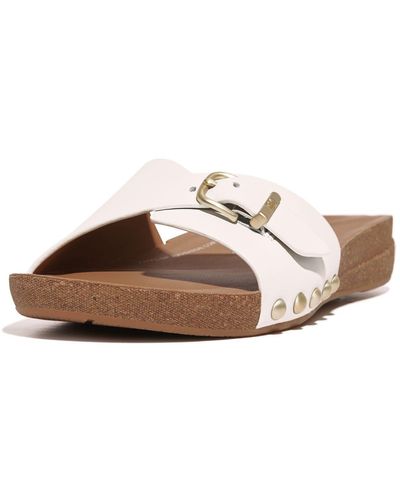 Fitflop Iqushion Adjustable Buckle Leather S Slides Urban White - Brown
