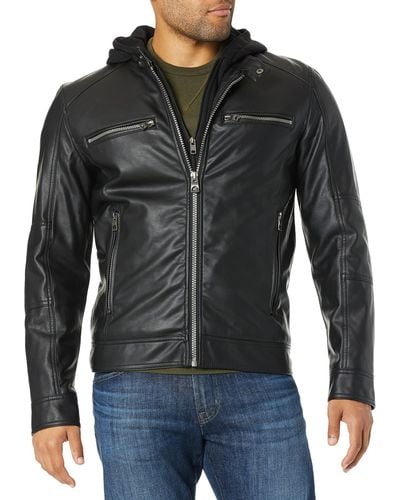 Guess Faux Leather Hooded Moto Jacket Kunstlederjacke - Schwarz