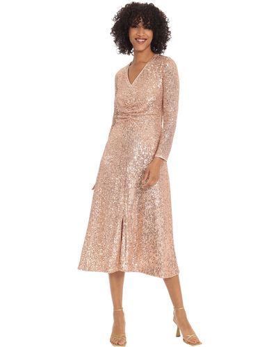 Maggy London Sequin V-neck Midi Dress With Shirring At Bodice - Pink